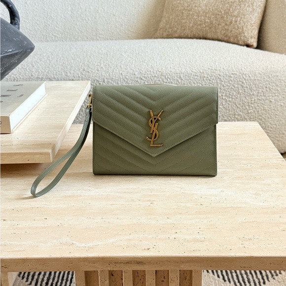 Yves Saint Laurent Handbags - Yves Saint Laurent Green Quilted Leather Clutch